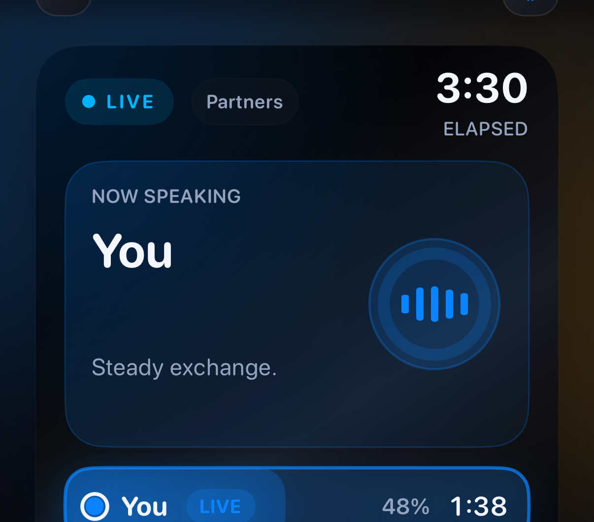 Track crop showing live talk balance cards