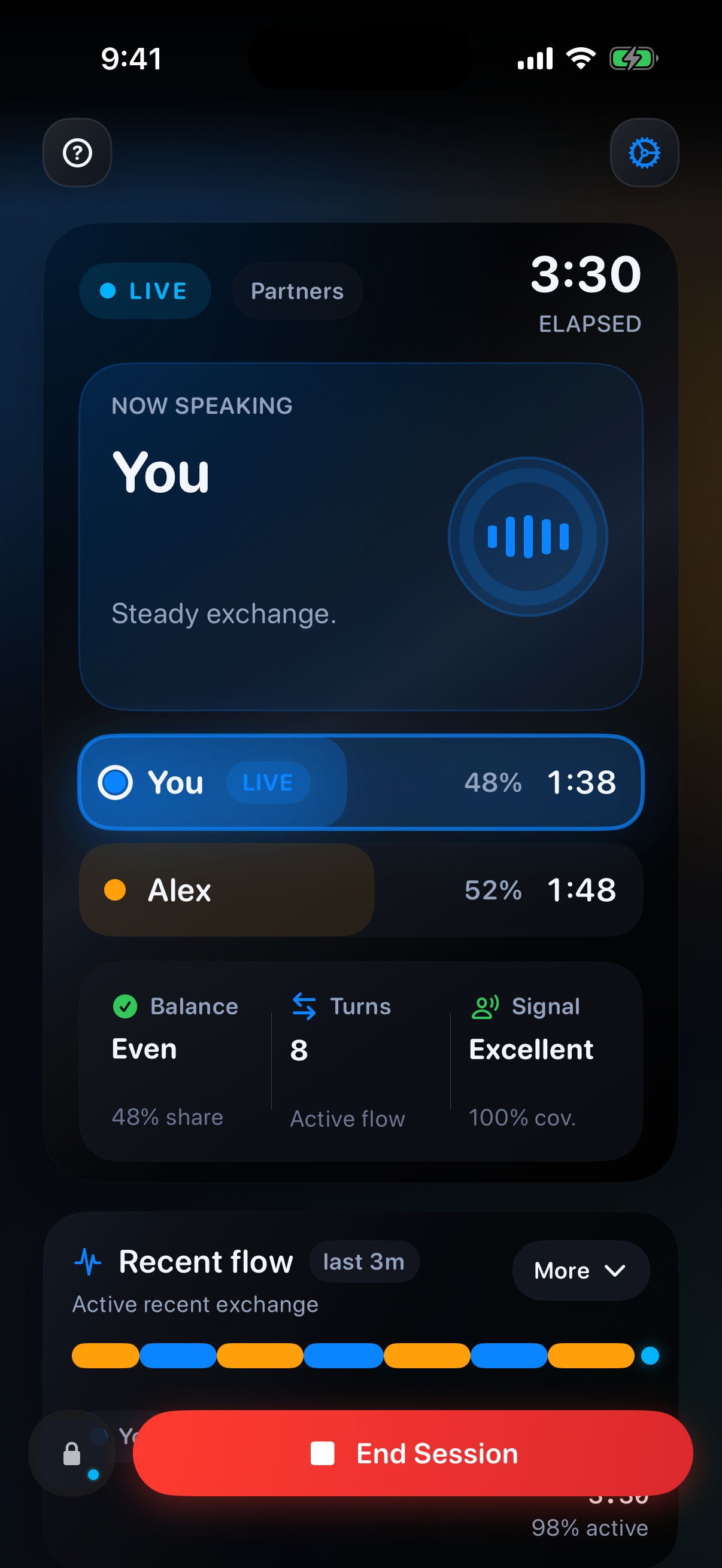 Track screen showing live talk balance, the active speaker, and in-session coaching